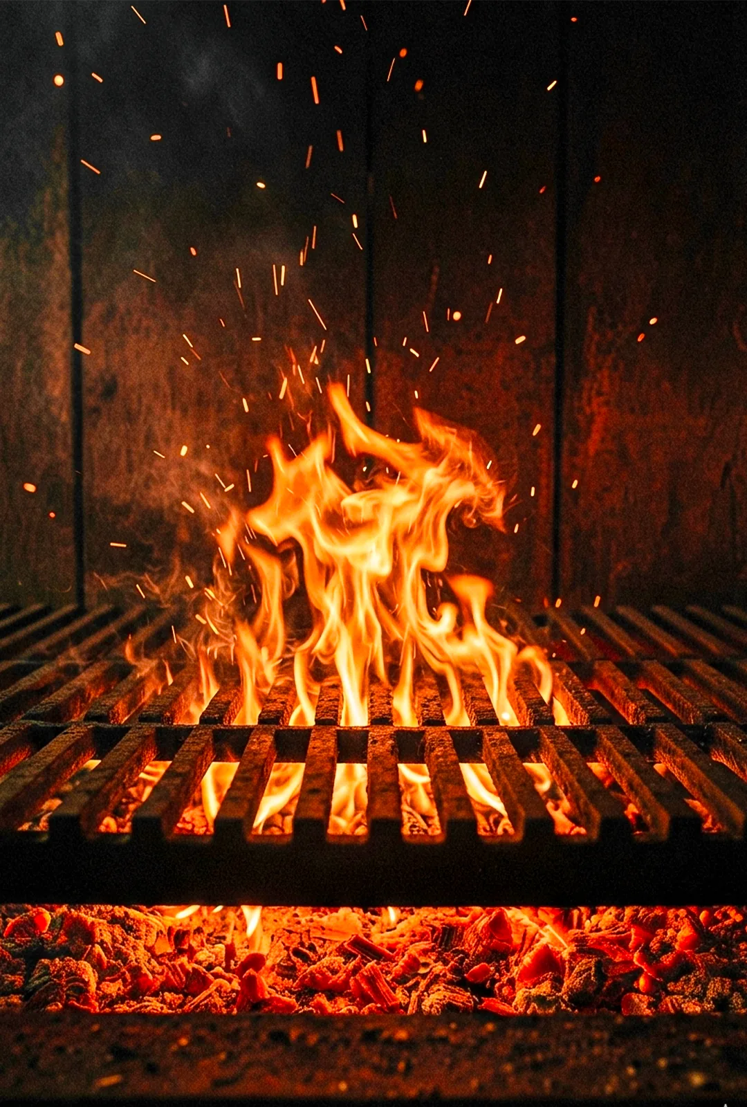 Flammes et braises sur le gril au charbon